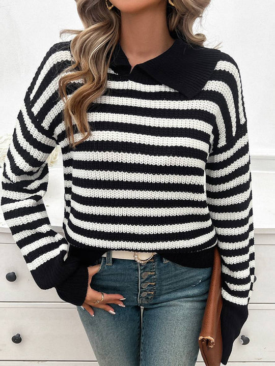 Heidi-Mode | Gestreifter Polo-Pullover mit Langen Ärmeln Damen Elegante Freizeitoberteile