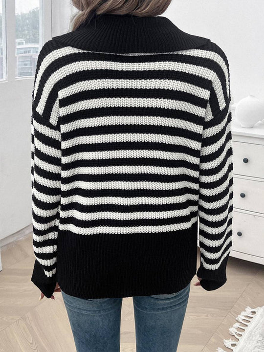 Heidi-Mode | Gestreifter Polo-Pullover mit Langen Ärmeln Damen Elegante Freizeitoberteile