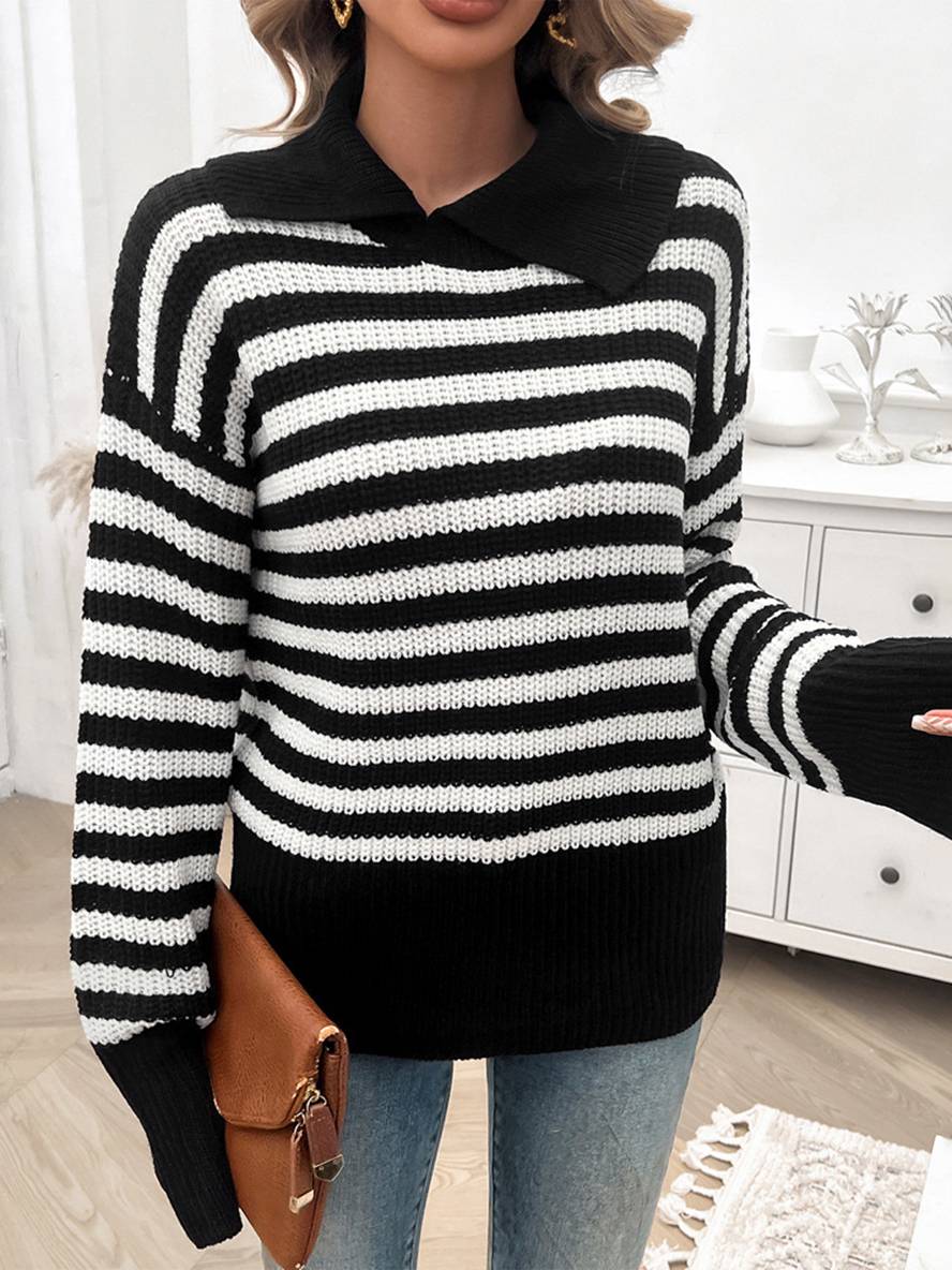 Heidi-Mode | Gestreifter Polo-Pullover mit Langen Ärmeln Damen Elegante Freizeitoberteile