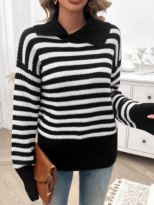 Heidi-Mode | Gestreifter Polo-Pullover mit Langen Ärmeln Damen Elegante Freizeitoberteile