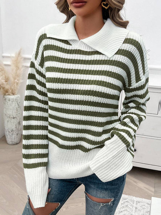 Heidi-Mode | Gestreifter Polo-Pullover mit Langen Ärmeln Damen Elegante Freizeitoberteile