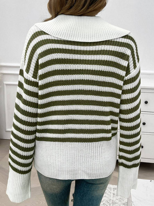 Heidi-Mode | Gestreifter Polo-Pullover mit Langen Ärmeln Damen Elegante Freizeitoberteile