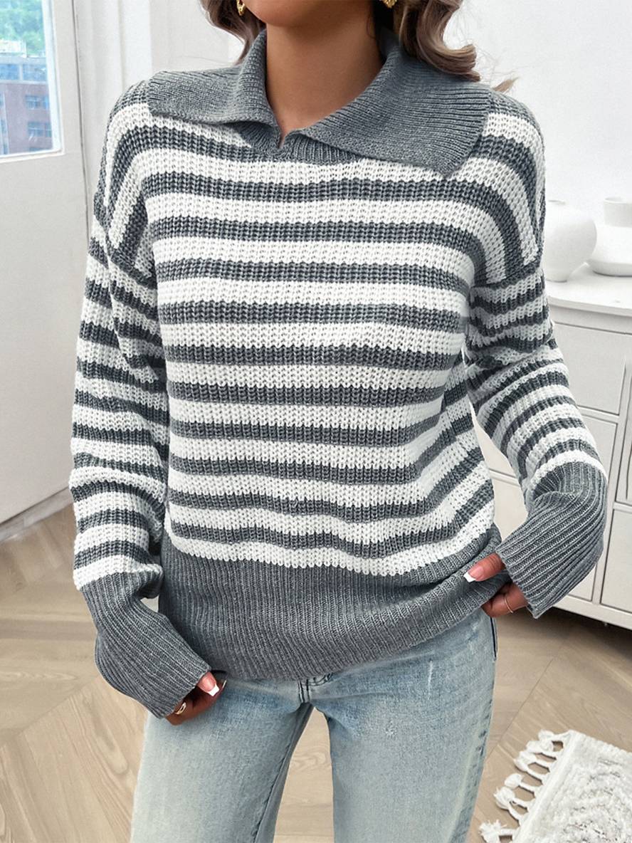 Heidi-Mode | Gestreifter Polo-Pullover mit Langen Ärmeln Damen Elegante Freizeitoberteile