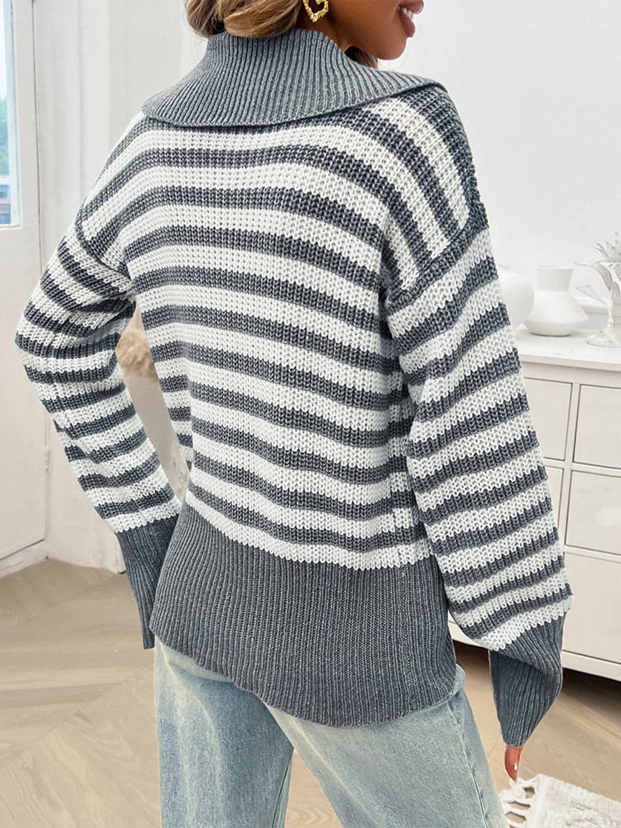 Heidi-Mode | Gestreifter Polo-Pullover mit Langen Ärmeln Damen Elegante Freizeitoberteile