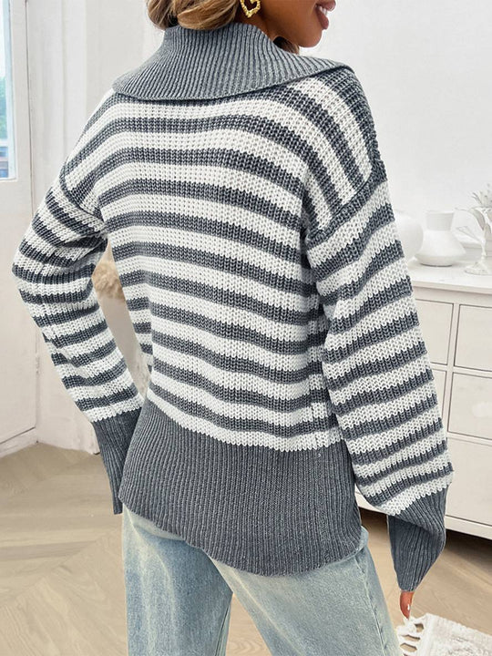 Heidi-Mode | Gestreifter Polo-Pullover mit Langen Ärmeln Damen Elegante Freizeitoberteile