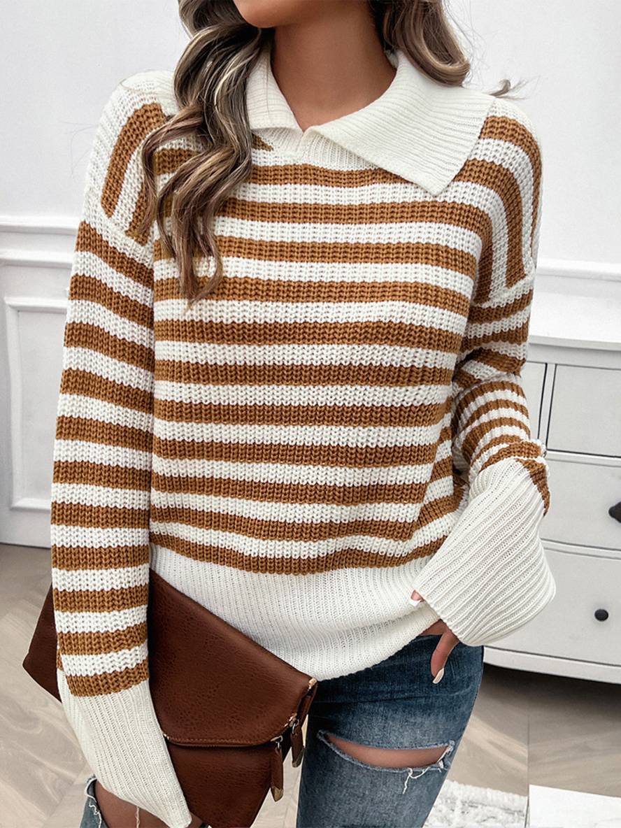 Heidi-Mode | Gestreifter Polo-Pullover mit Langen Ärmeln Damen Elegante Freizeitoberteile