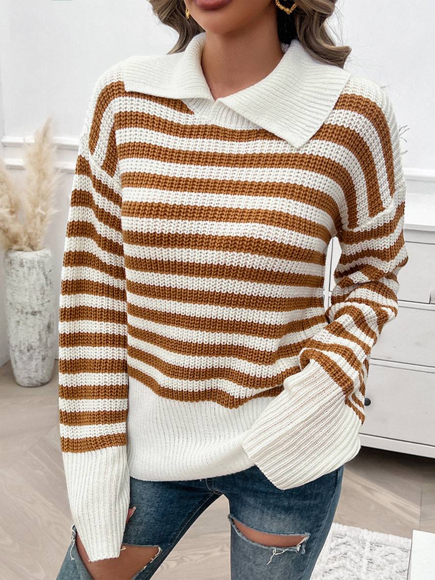Heidi-Mode | Gestreifter Polo-Pullover mit Langen Ärmeln Damen Elegante Freizeitoberteile