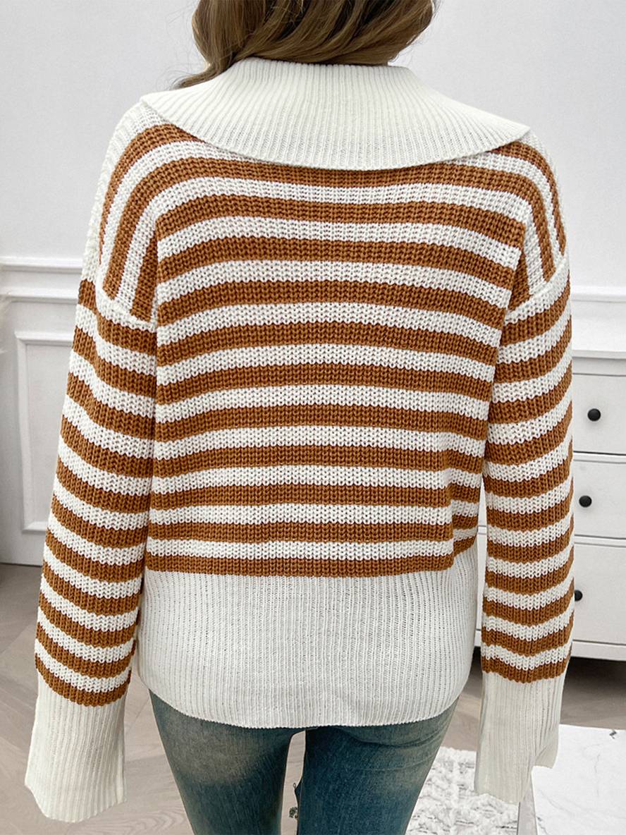 Heidi-Mode | Gestreifter Polo-Pullover mit Langen Ärmeln Damen Elegante Freizeitoberteile