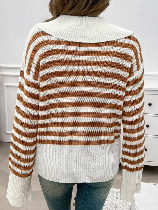 Heidi-Mode | Gestreifter Polo-Pullover mit Langen Ärmeln Damen Elegante Freizeitoberteile