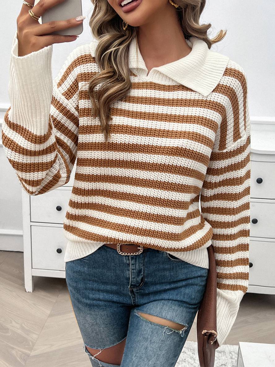 Heidi-Mode | Gestreifter Polo-Pullover mit Langen Ärmeln Damen Elegante Freizeitoberteile