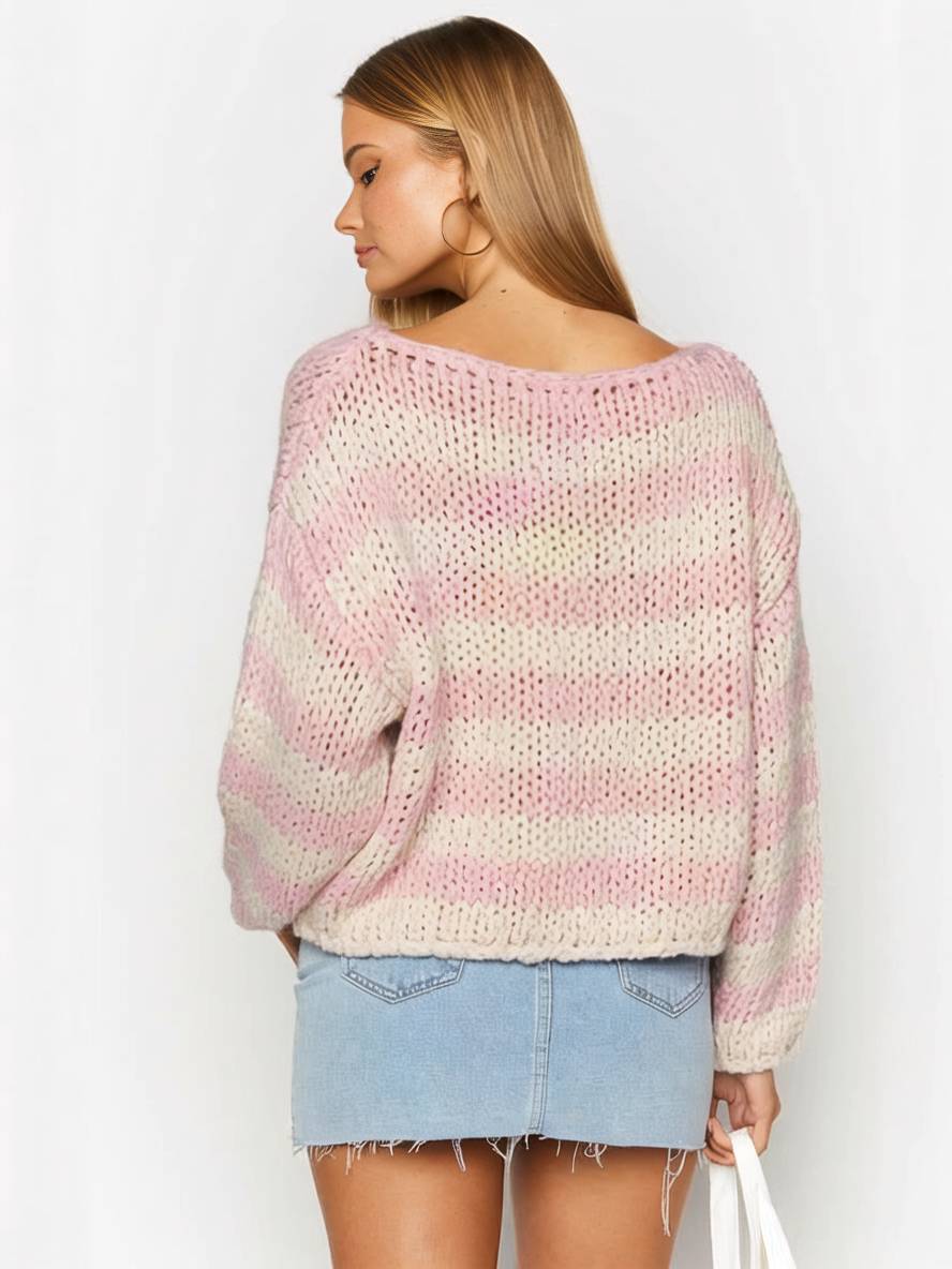 Heidi-Mode | Streifenpullover Ein Schulter Boot-Hals Lange Ärmel Damen Elegant Lässig Weit Casual