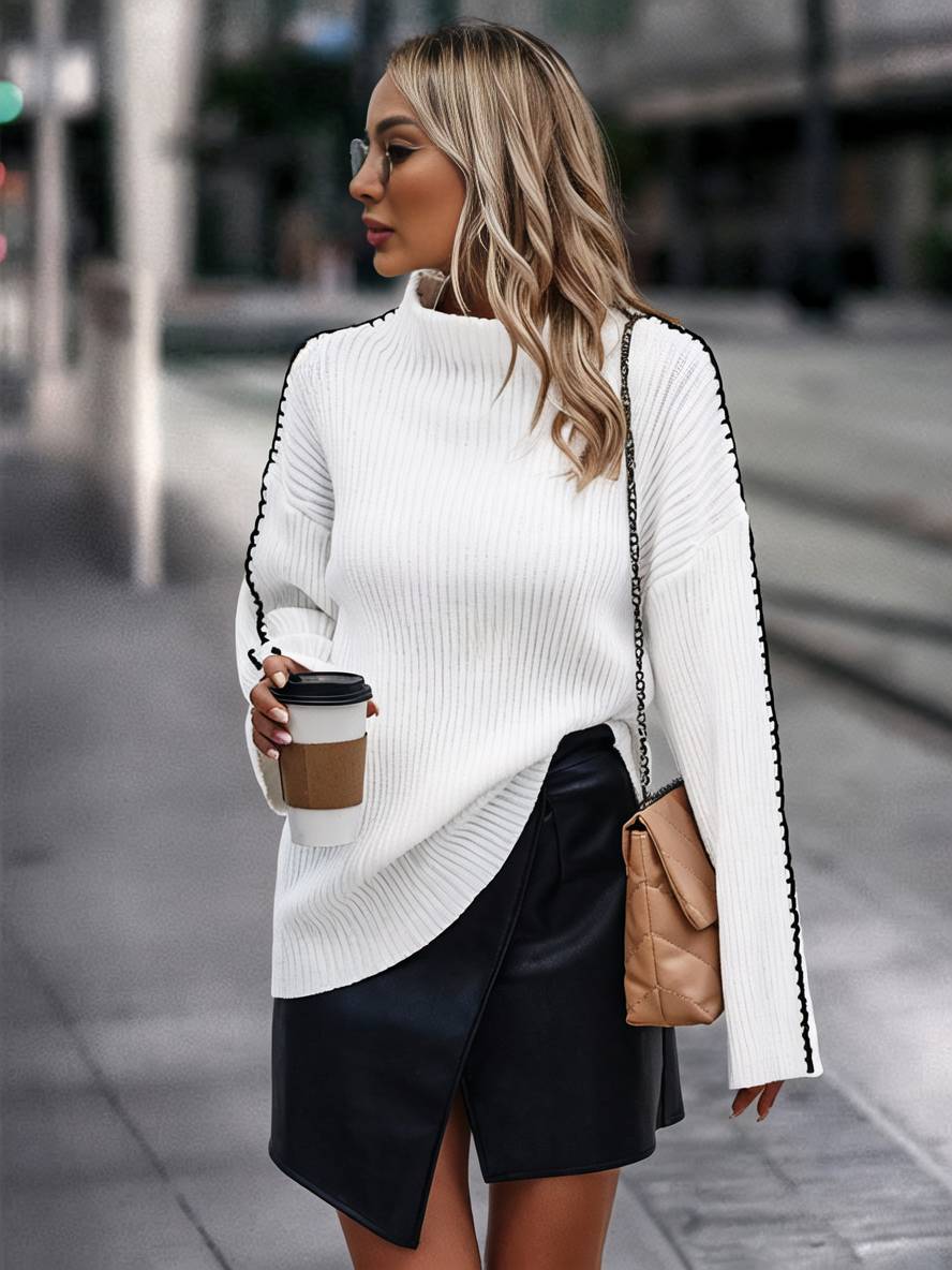 Heidi-Mode | Pullover aus Grobem Strick mit Stehkragen, Langen Ärmeln, Elegant, Lässig, Oberteile