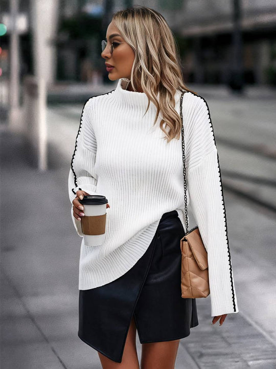 Heidi-Mode | Pullover aus Grobem Strick mit Stehkragen, Langen Ärmeln, Elegant, Lässig, Oberteile