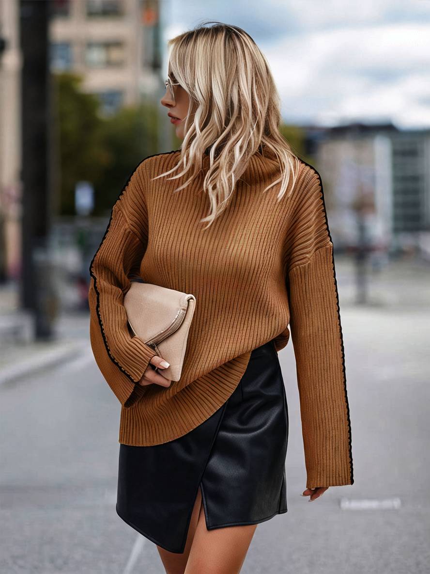 Heidi-Mode | Pullover aus Grobem Strick mit Stehkragen, Langen Ärmeln, Elegant, Lässig, Oberteile