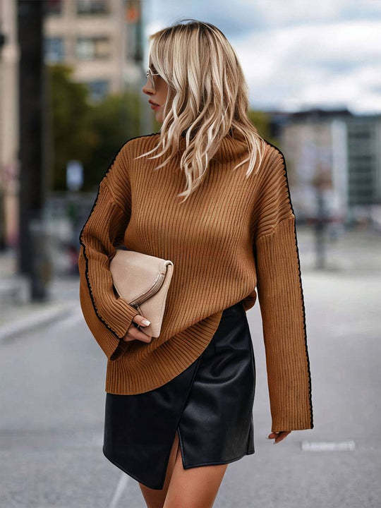 Heidi-Mode | Pullover aus Grobem Strick mit Stehkragen, Langen Ärmeln, Elegant, Lässig, Oberteile