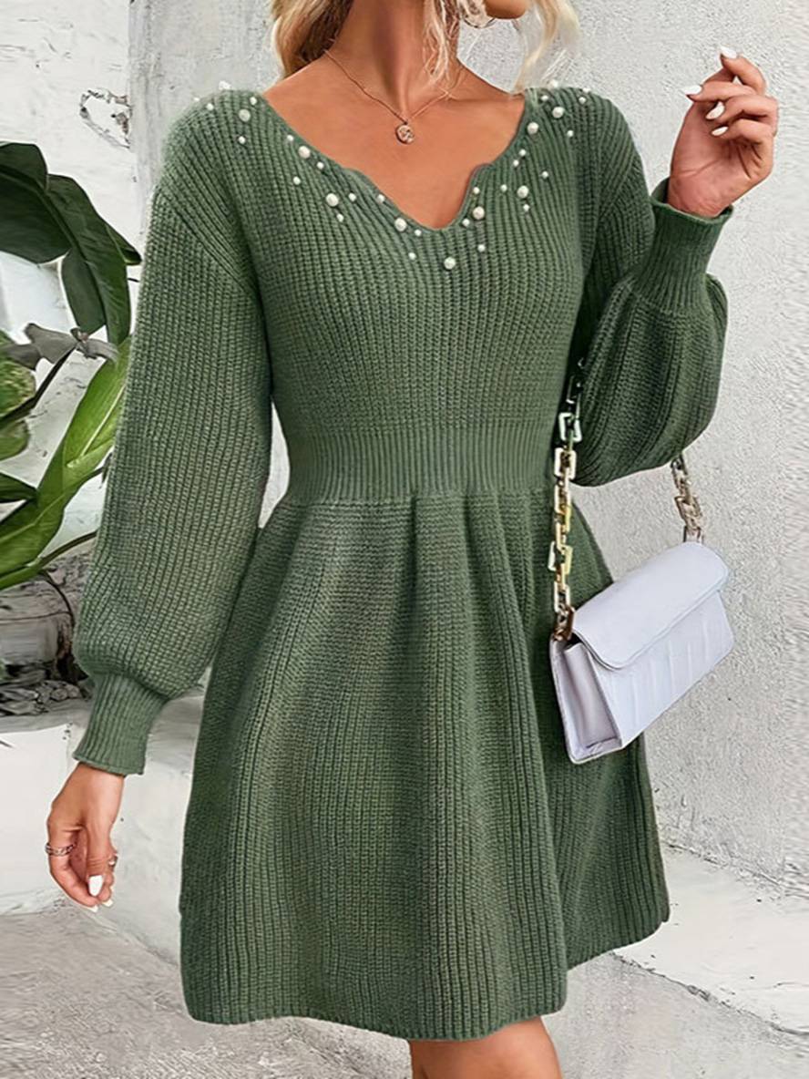 Heidi-Mode | Midi Lang Pullover Kleid Einfarbig V-Ausschnitt Perlen Bischof Ärmel Lange Ärmel Damen Elegant Freizeitmode