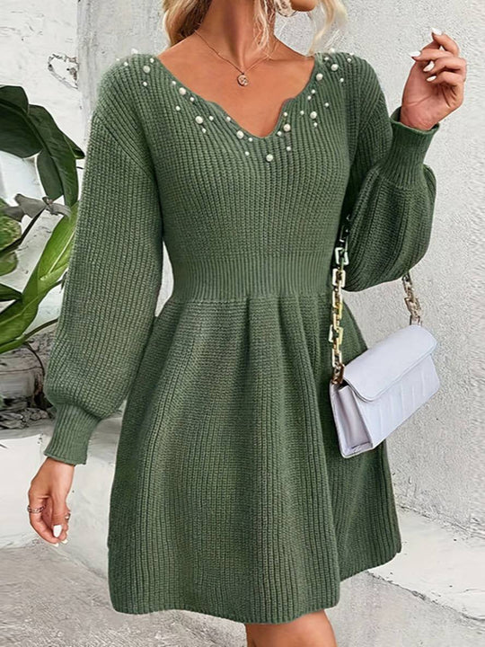 Heidi-Mode | Midi Lang Pullover Kleid Einfarbig V-Ausschnitt Perlen Bischof Ärmel Lange Ärmel Damen Elegant Freizeitmode