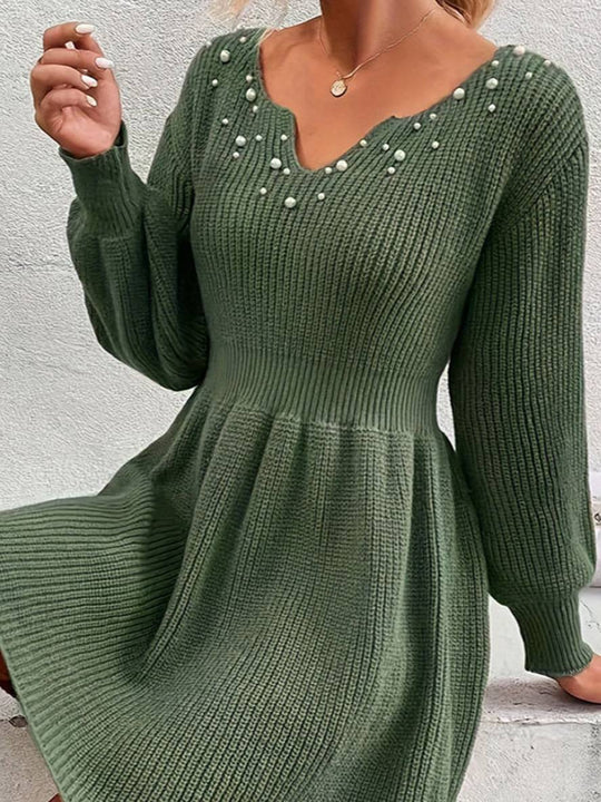 Heidi-Mode | Midi Lang Pullover Kleid Einfarbig V-Ausschnitt Perlen Bischof Ärmel Lange Ärmel Damen Elegant Freizeitmode