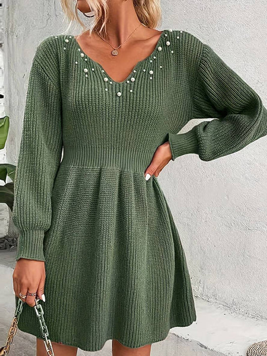Heidi-Mode | Midi Lang Pullover Kleid Einfarbig V-Ausschnitt Perlen Bischof Ärmel Lange Ärmel Damen Elegant Freizeitmode