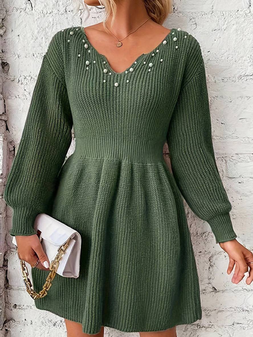 Heidi-Mode | Midi Lang Pullover Kleid Einfarbig V-Ausschnitt Perlen Bischof Ärmel Lange Ärmel Damen Elegant Freizeitmode