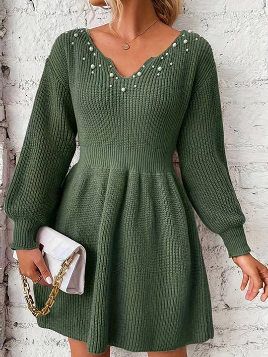 Heidi-Mode | Midi Lang Pullover Kleid Einfarbig V-Ausschnitt Perlen Bischof Ärmel Lange Ärmel Damen Elegant Freizeitmode