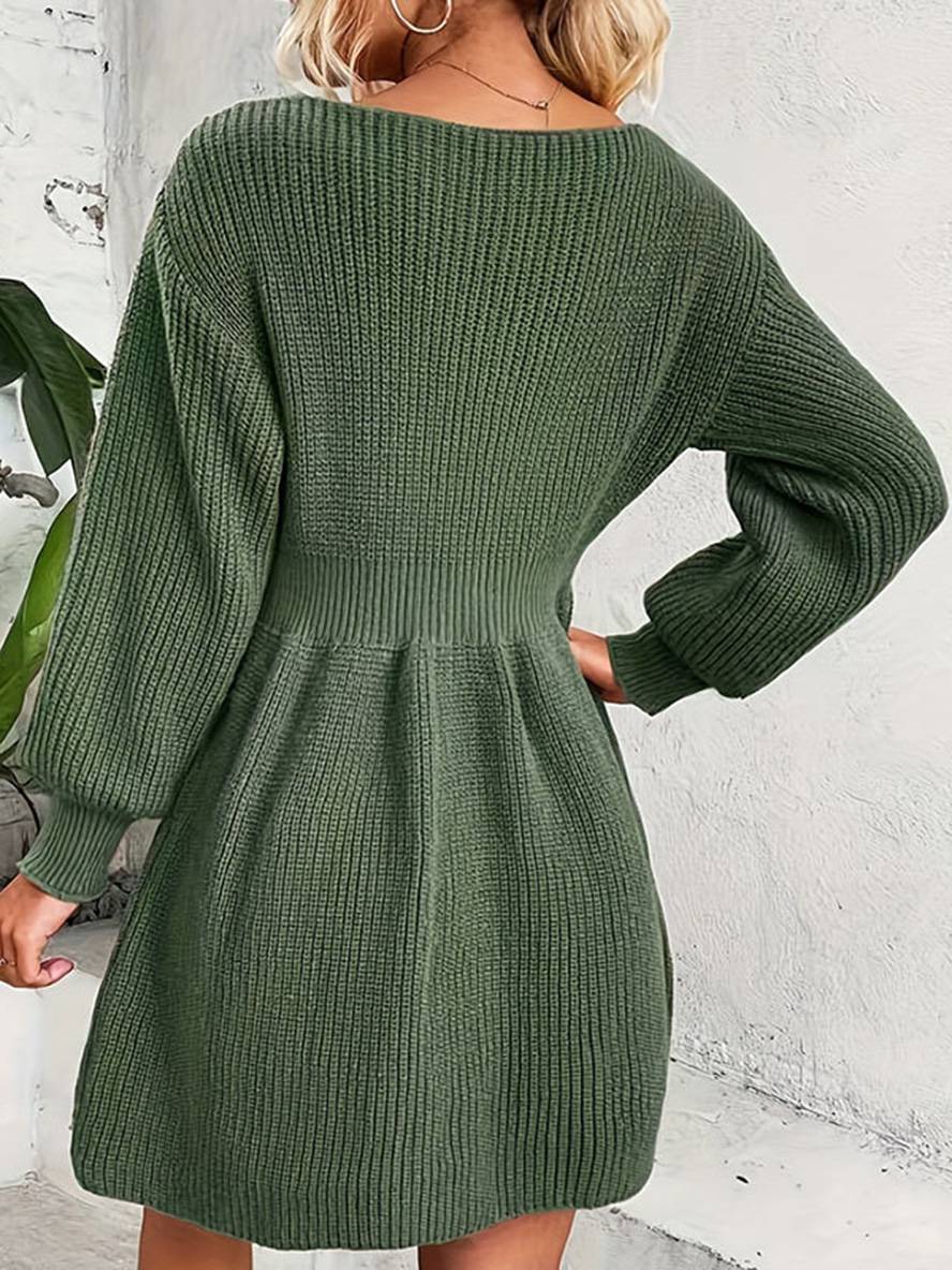 Heidi-Mode | Midi Lang Pullover Kleid Einfarbig V-Ausschnitt Perlen Bischof Ärmel Lange Ärmel Damen Elegant Freizeitmode