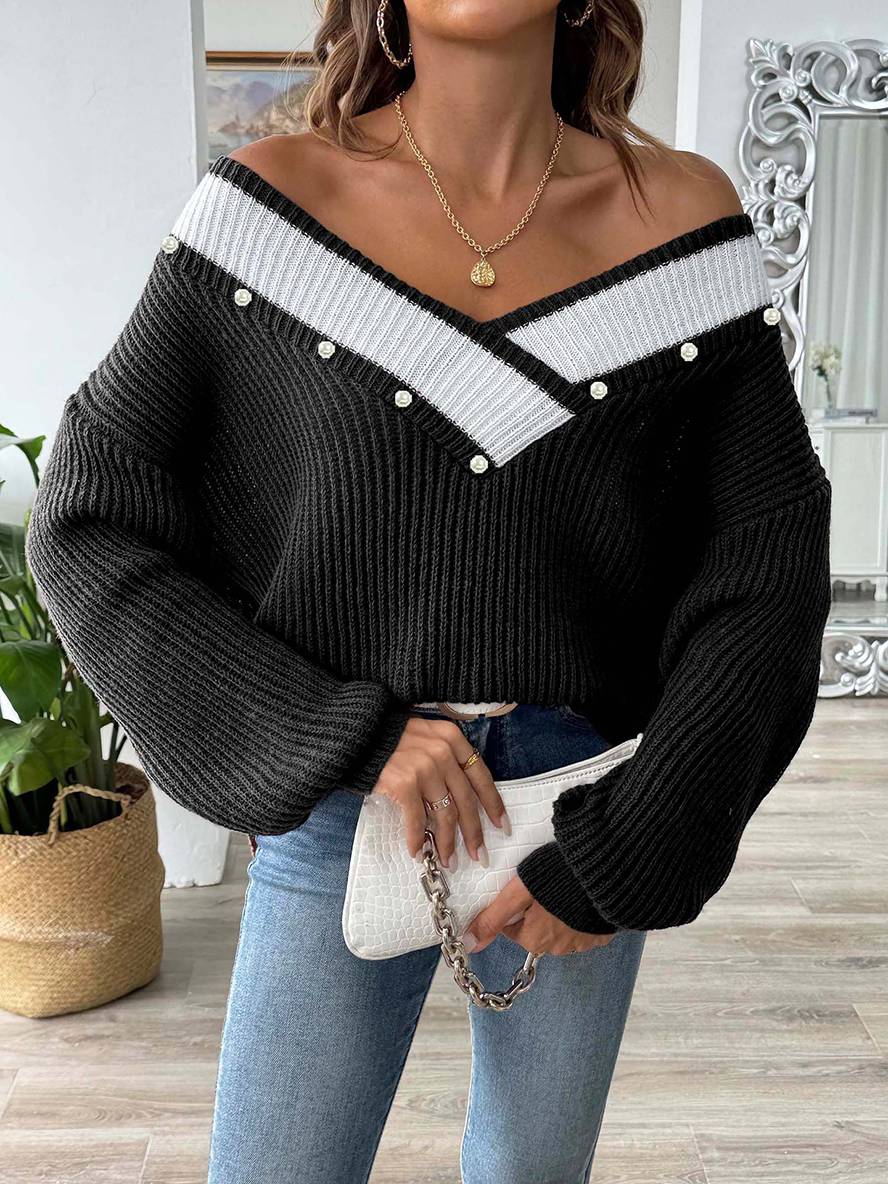 Heidi-Mode | Pullover aus Strick mit Tiefem Perlen-Ausschnitt, Lange Ärmel, Damen, Lässig, Oberteile