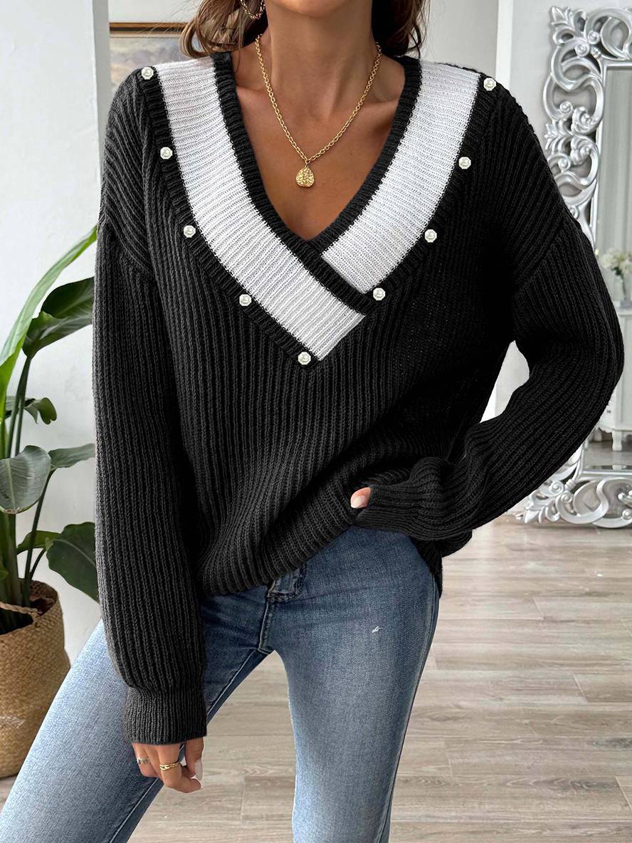 Heidi-Mode | Pullover aus Strick mit Tiefem Perlen-Ausschnitt, Lange Ärmel, Damen, Lässig, Oberteile