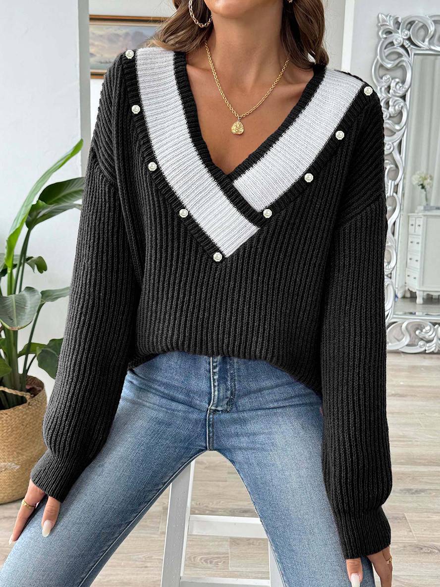 Heidi-Mode | Pullover aus Strick mit Tiefem Perlen-Ausschnitt, Lange Ärmel, Damen, Lässig, Oberteile