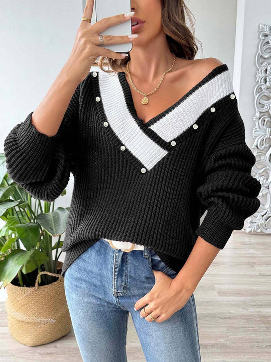 Heidi-Mode | Pullover aus Strick mit Tiefem Perlen-Ausschnitt, Lange Ärmel, Damen, Lässig, Oberteile