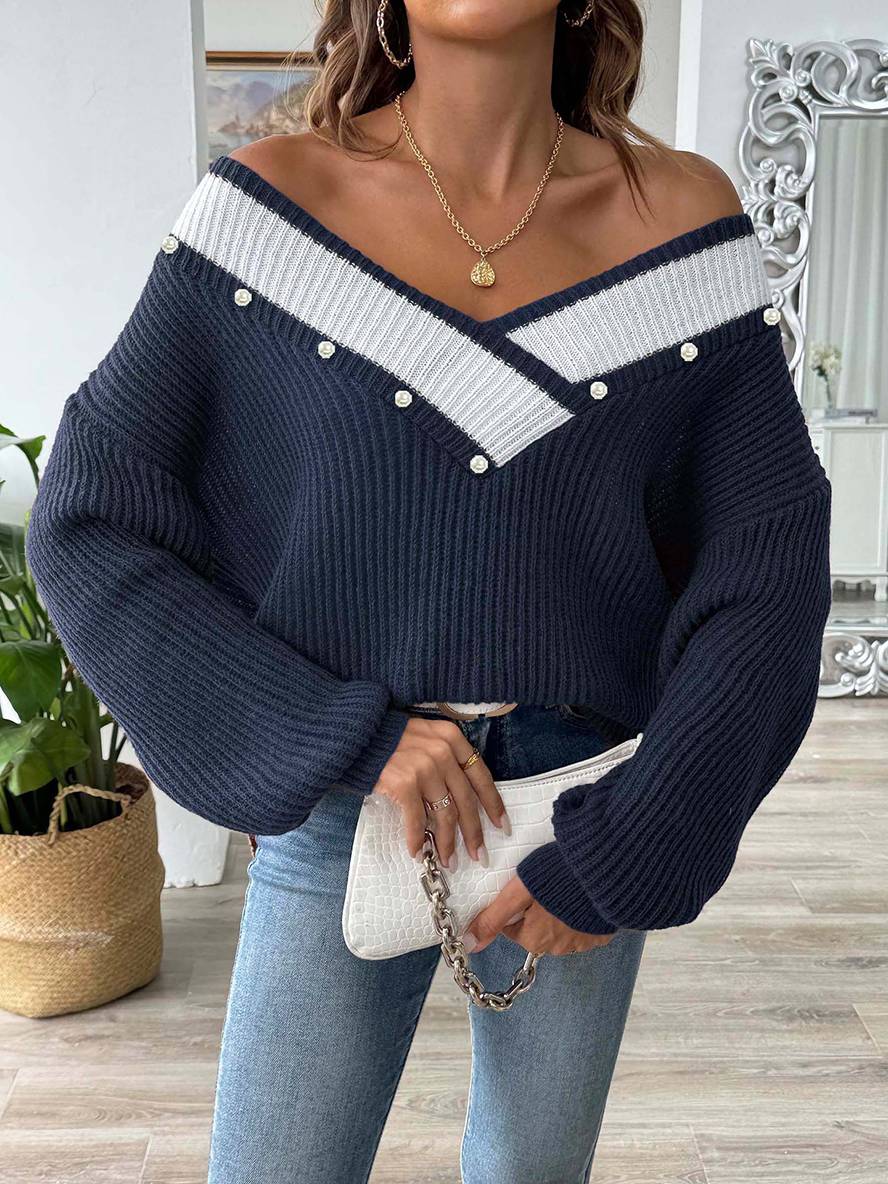 Heidi-Mode | Pullover aus Strick mit Tiefem Perlen-Ausschnitt, Lange Ärmel, Damen, Lässig, Oberteile