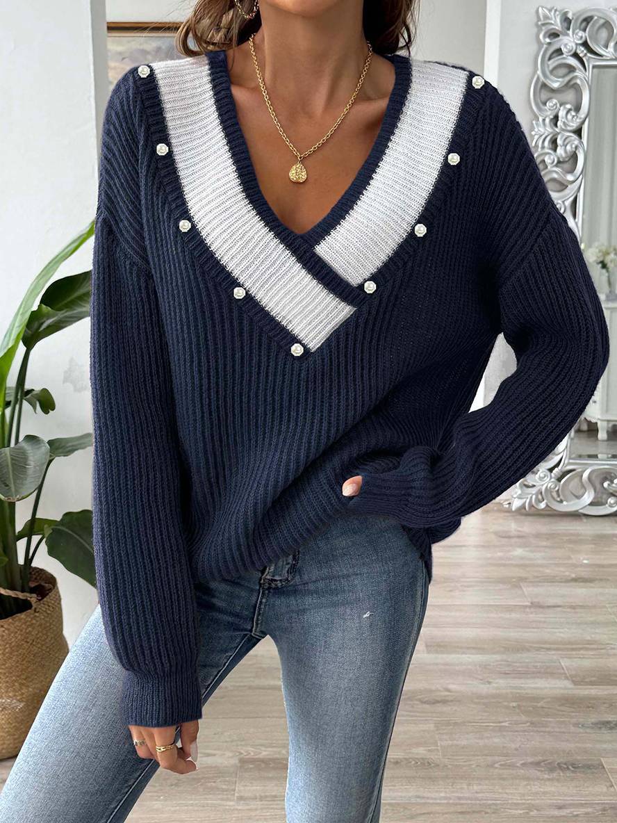 Heidi-Mode | Pullover aus Strick mit Tiefem Perlen-Ausschnitt, Lange Ärmel, Damen, Lässig, Oberteile