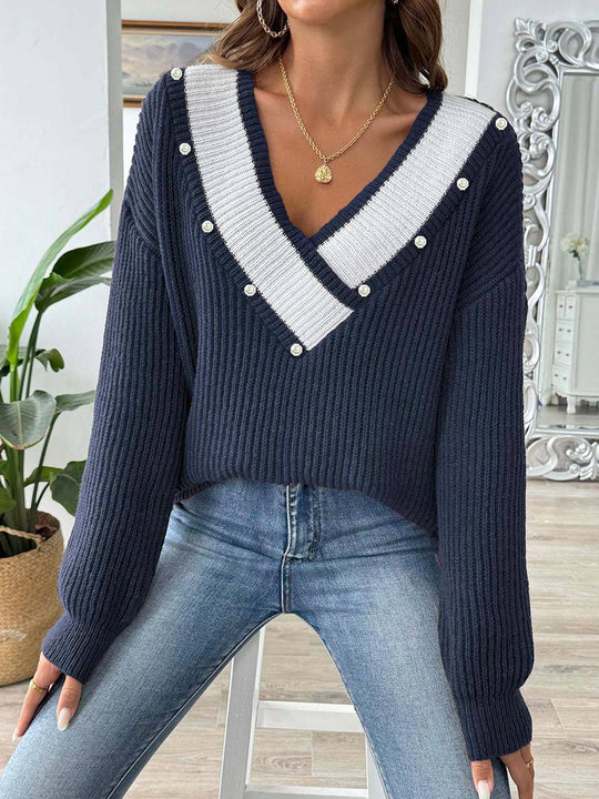 Heidi-Mode | Pullover aus Strick mit Tiefem Perlen-Ausschnitt, Lange Ärmel, Damen, Lässig, Oberteile