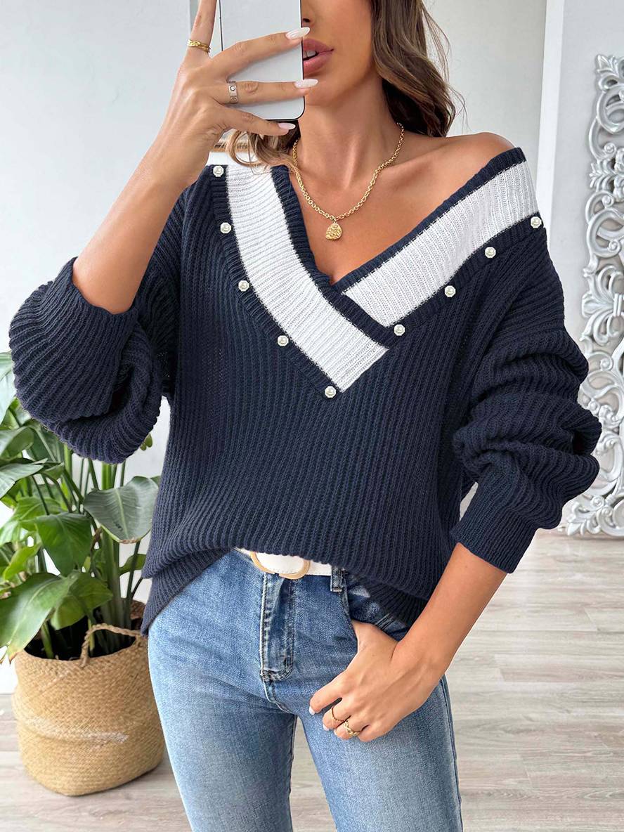 Heidi-Mode | Pullover aus Strick mit Tiefem Perlen-Ausschnitt, Lange Ärmel, Damen, Lässig, Oberteile
