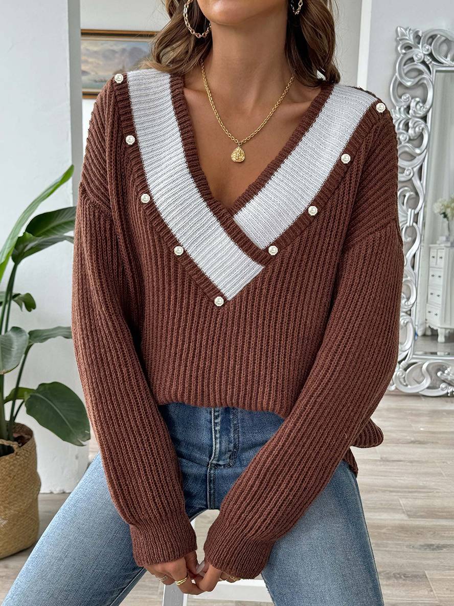 Heidi-Mode | Pullover aus Strick mit Tiefem Perlen-Ausschnitt, Lange Ärmel, Damen, Lässig, Oberteile