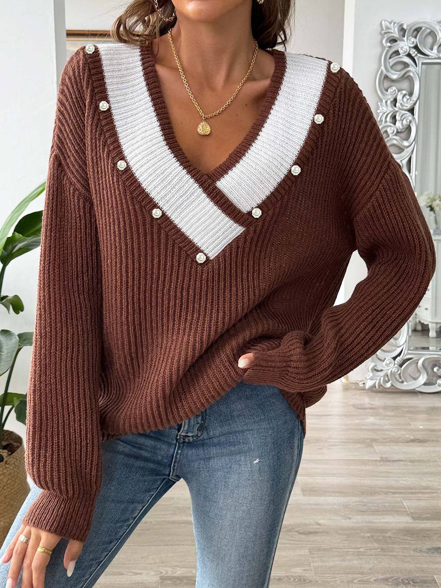 Heidi-Mode | Pullover aus Strick mit Tiefem Perlen-Ausschnitt, Lange Ärmel, Damen, Lässig, Oberteile
