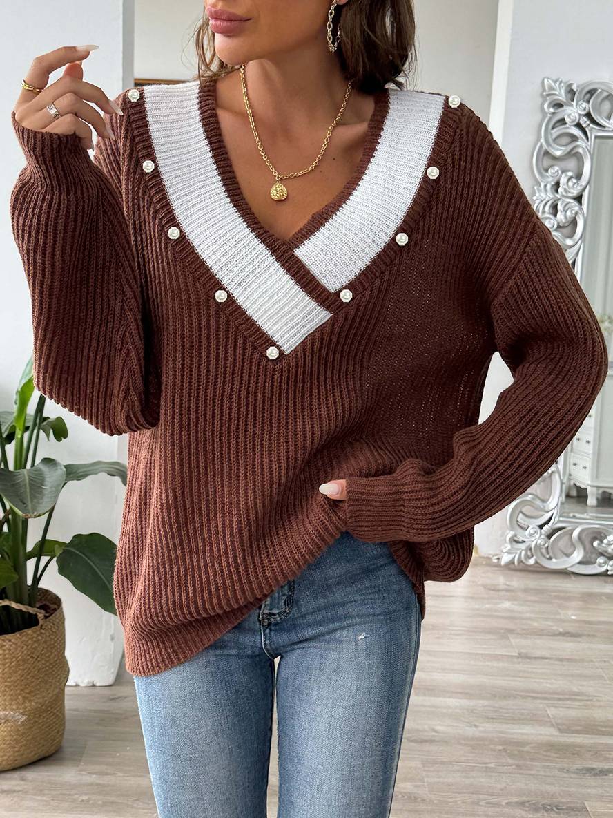 Heidi-Mode | Pullover aus Strick mit Tiefem Perlen-Ausschnitt, Lange Ärmel, Damen, Lässig, Oberteile