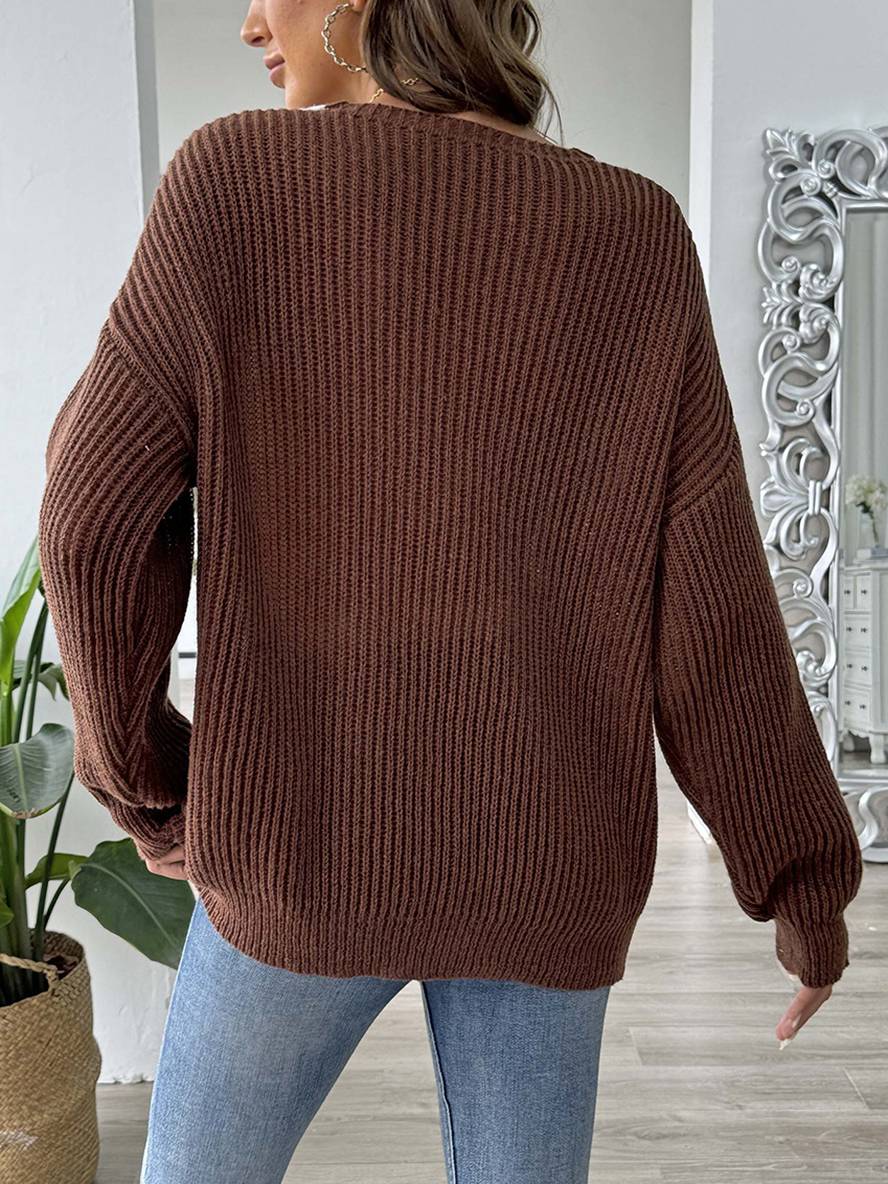 Heidi-Mode | Pullover aus Strick mit Tiefem Perlen-Ausschnitt, Lange Ärmel, Damen, Lässig, Oberteile