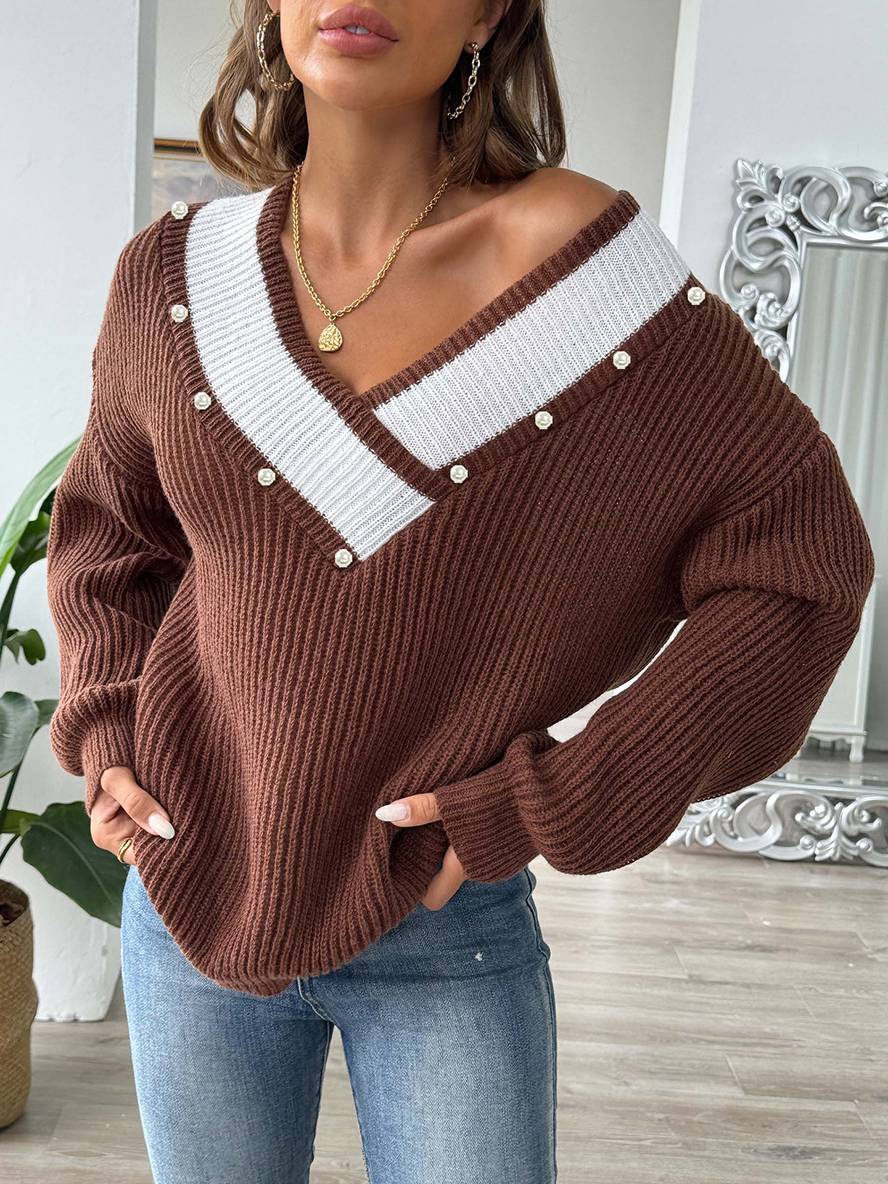 Heidi-Mode | Pullover aus Strick mit Tiefem Perlen-Ausschnitt, Lange Ärmel, Damen, Lässig, Oberteile