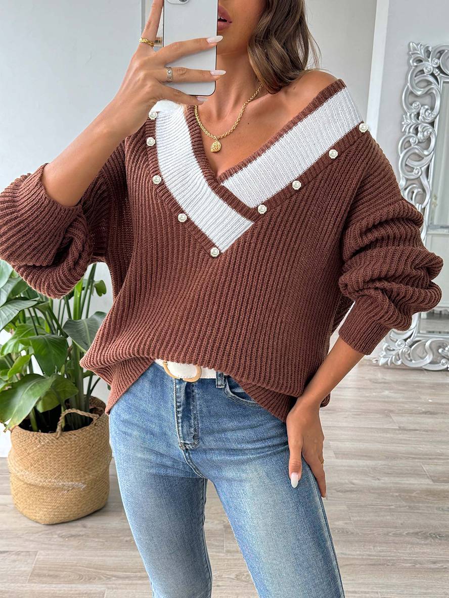 Heidi-Mode | Pullover aus Strick mit Tiefem Perlen-Ausschnitt, Lange Ärmel, Damen, Lässig, Oberteile