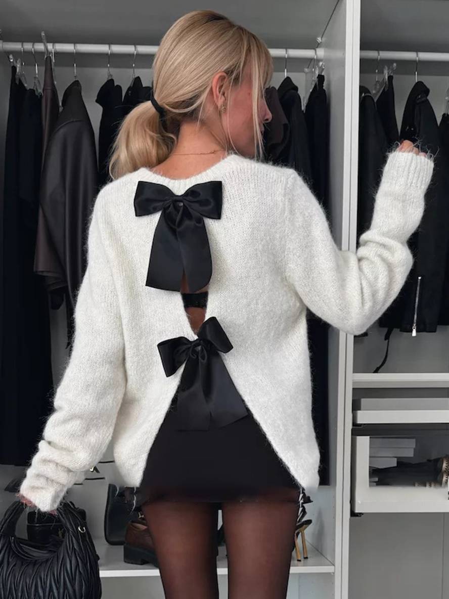 Heidi-Mode | Pulli Rückenfrei Schleife Rundhalsausschnitt Lange Ärmel Damen Elegant Lässig Weich Casual Oberteile
