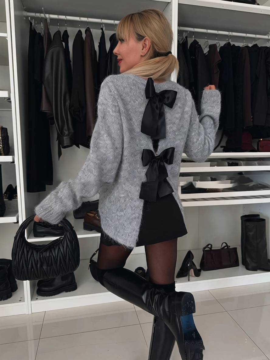 Heidi-Mode | Pulli Rückenfrei Schleife Rundhalsausschnitt Lange Ärmel Damen Elegant Lässig Weich Casual Oberteile
