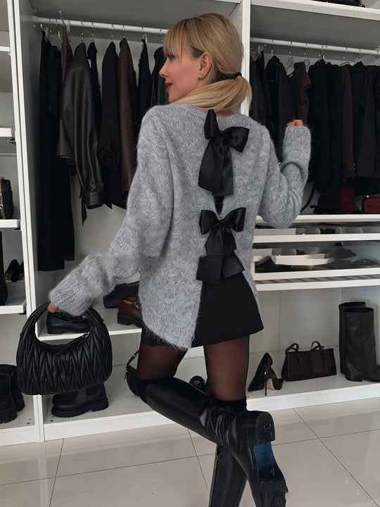 Heidi-Mode | Pulli Rückenfrei Schleife Rundhalsausschnitt Lange Ärmel Damen Elegant Lässig Weich Casual Oberteile