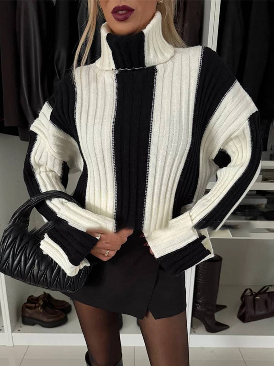 Heidi-Mode | Streifenpullover Stehkragen Lange Ärmel Damen Elegant Lässig Mode Casual Oberteile