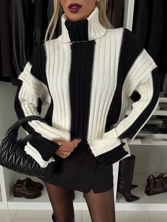 Heidi-Mode | Streifenpullover Stehkragen Lange Ärmel Damen Elegant Lässig Mode Casual Oberteile