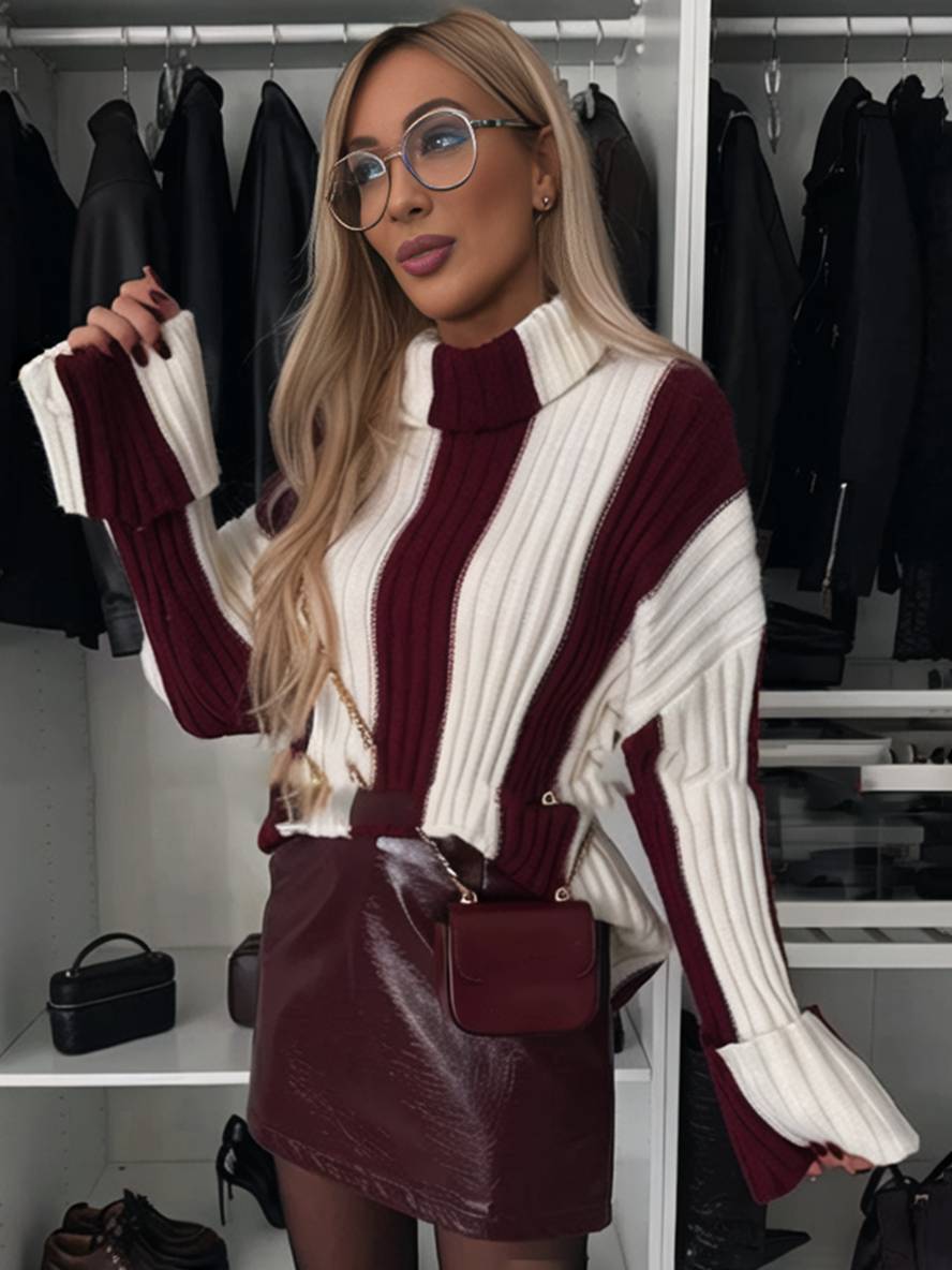 Heidi-Mode | Streifenpullover Stehkragen Lange Ärmel Damen Elegant Lässig Mode Casual Oberteile