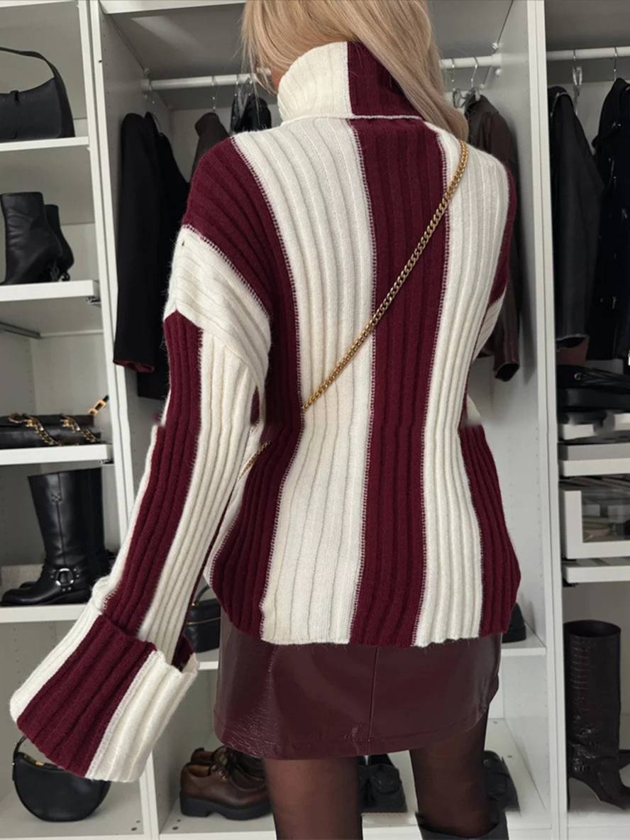 Heidi-Mode | Streifenpullover Stehkragen Lange Ärmel Damen Elegant Lässig Mode Casual Oberteile