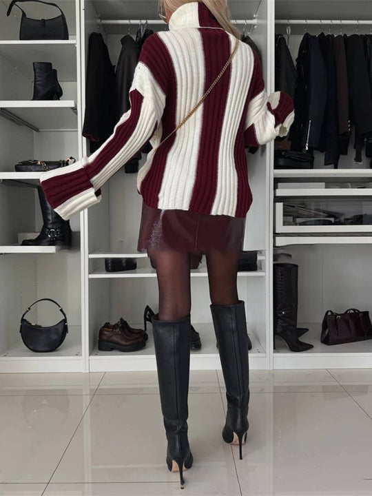 Heidi-Mode | Streifenpullover Stehkragen Lange Ärmel Damen Elegant Lässig Mode Casual Oberteile