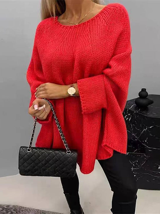 Heidi-Mode | Unicolor Rundhals Batwing Pullover Damen Lässig Locker Lässige Oberteile