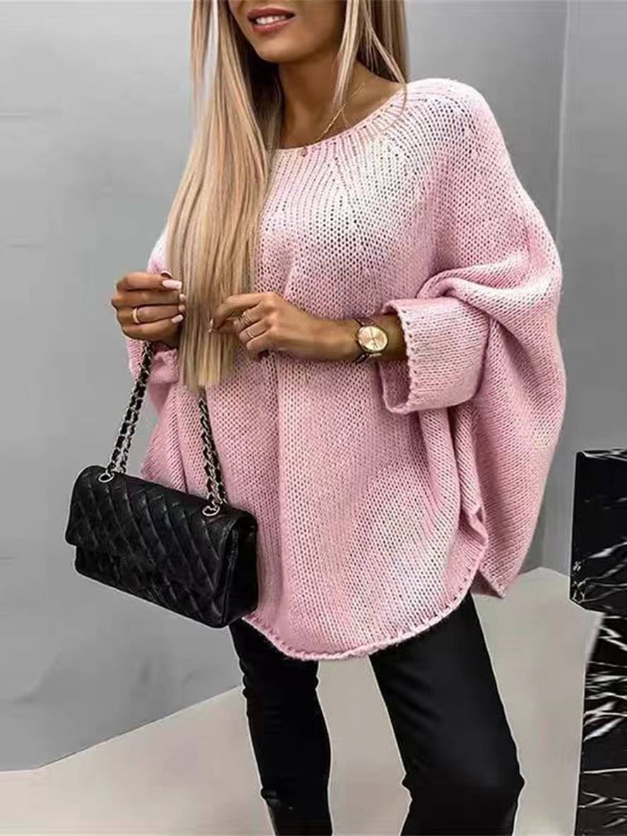 Heidi-Mode | Unicolor Rundhals Batwing Pullover Damen Lässig Locker Lässige Oberteile